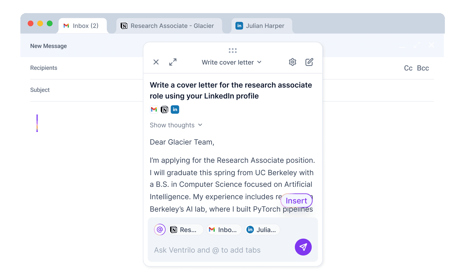 Ventrilo drafting a tailored internship cover letter