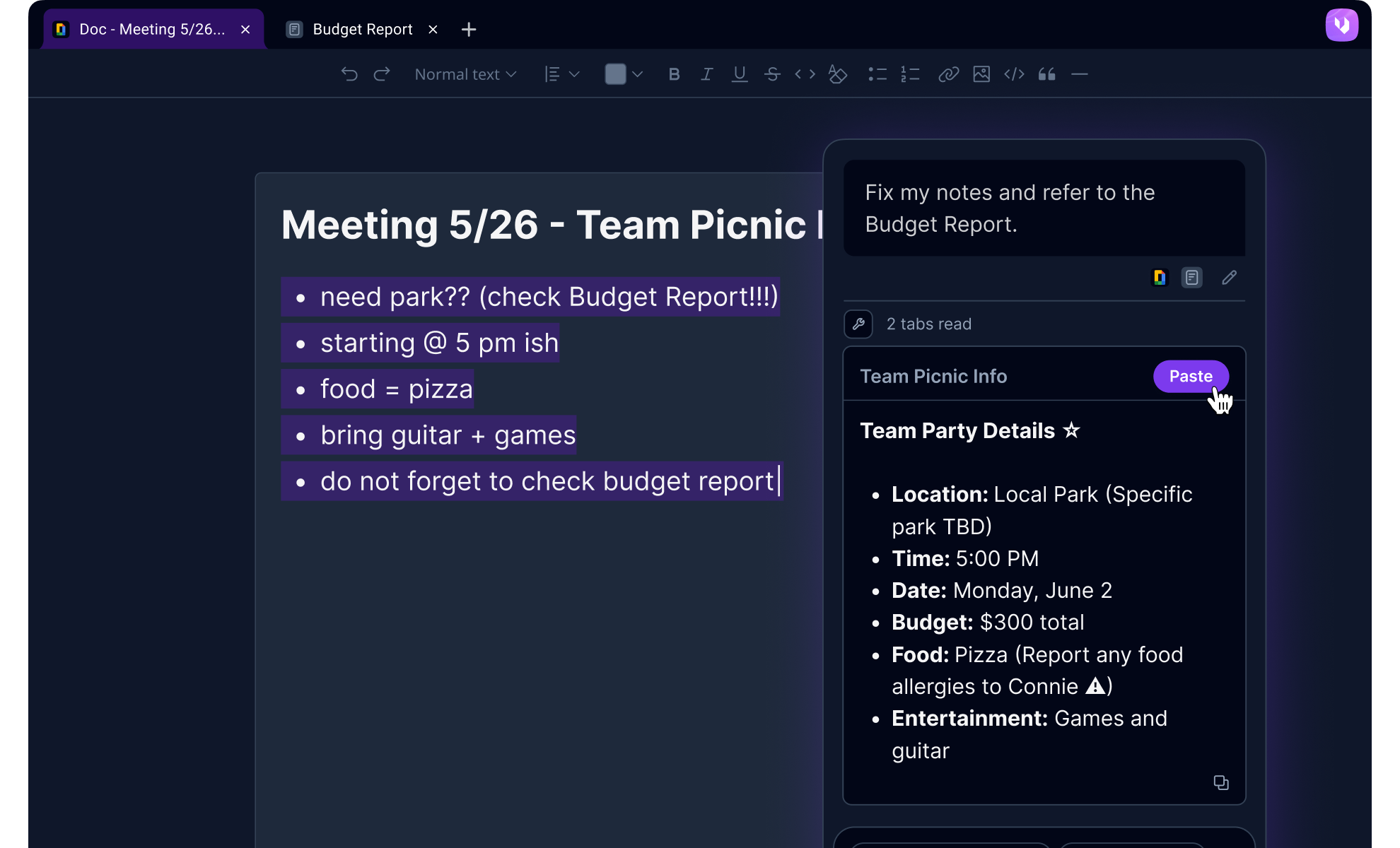 Ventrilo refining meeting notes in a doc using context from open browser tabs