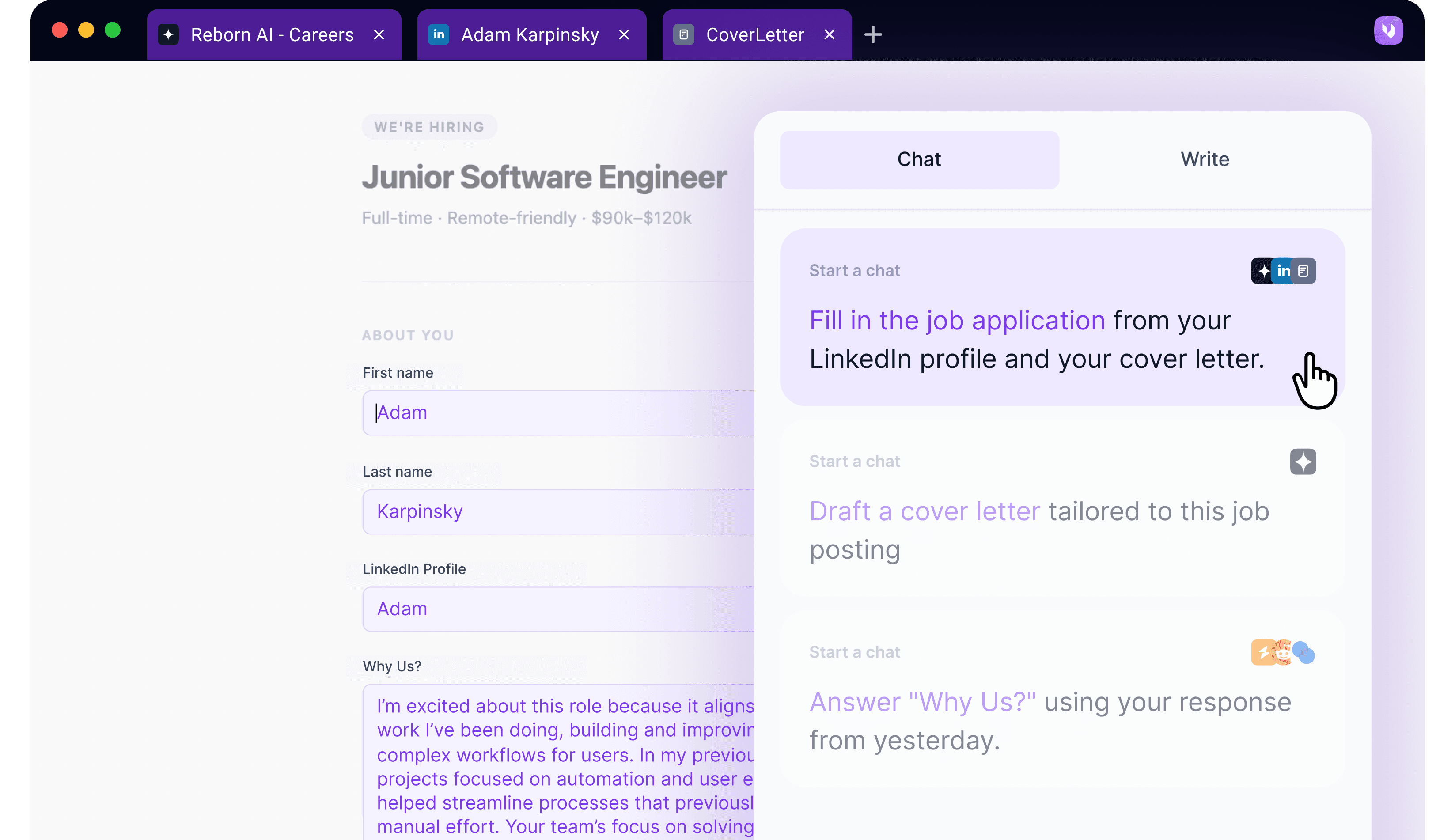 Ventrilo auto-filling a job application from an open posting and resume